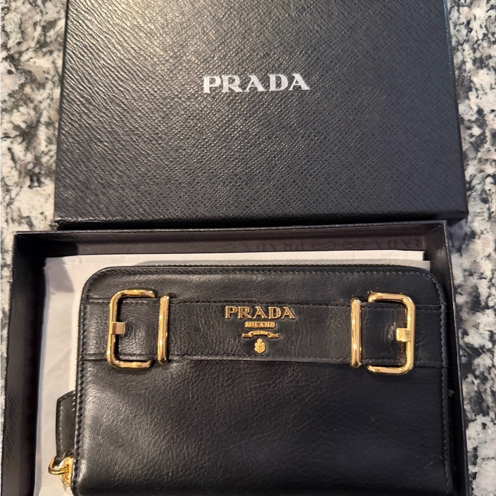 Prada Black Leather Clutch with Gold Buckles